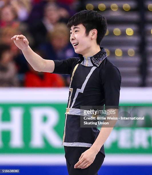 Boyan Jin of China competes during Day 5 of the ISU World Figure Skating Championships 2016 at TD Garden on April 1, 2016 in Boston, Massachusetts.