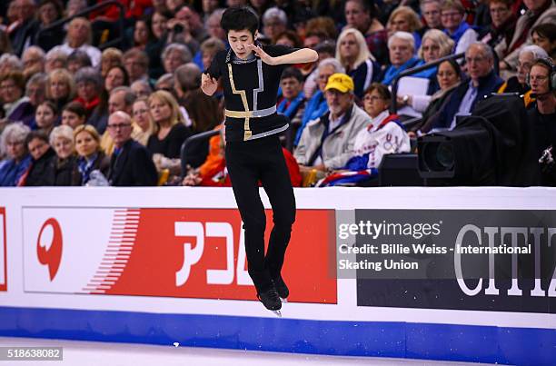 Boyan Jin of China competes during Day 5 of the ISU World Figure Skating Championships 2016 at TD Garden on April 1, 2016 in Boston, Massachusetts.