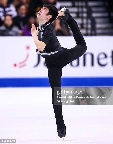 Boyan Jin of China competes during Day 5 of the ISU World Figure Skating Championships 2016 at TD Garden on April 1, 2016 in Boston, Massachusetts.