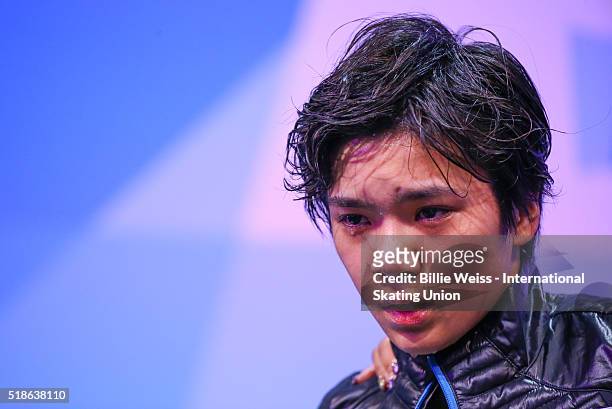 Shoma Uno of Japan reacts after competing during Day 5 of the ISU World Figure Skating Championships 2016 at TD Garden on April 1, 2016 in Boston,...