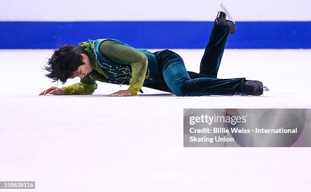 Shoma Uno of Japan competes during Day 5 of the ISU World Figure Skating Championships 2016 at TD Garden on April 1, 2016 in Boston, Massachusetts.