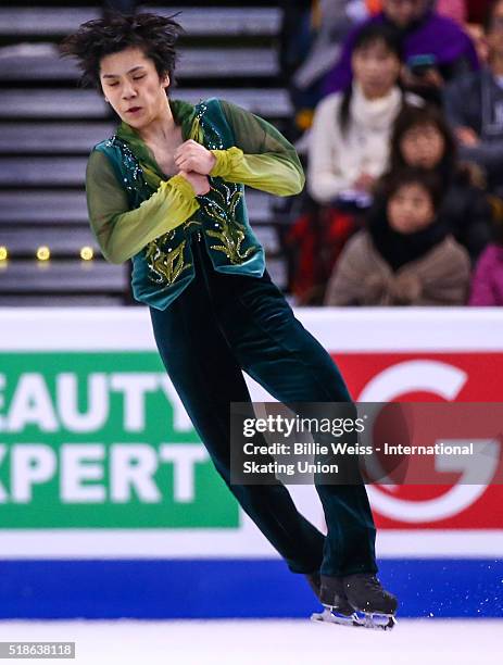 Shoma Uno of Japan competes during Day 5 of the ISU World Figure Skating Championships 2016 at TD Garden on April 1, 2016 in Boston, Massachusetts.