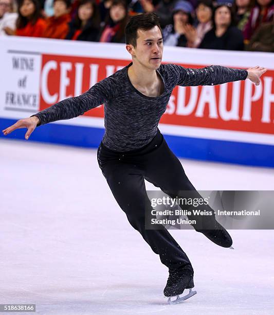 Patrick Chan of Canada competes during Day 5 of the ISU World Figure Skating Championships 2016 at TD Garden on April 1, 2016 in Boston,...