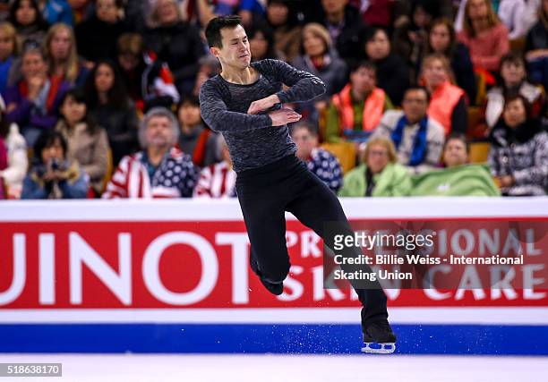 Patrick Chan of Canada competes during Day 5 of the ISU World Figure Skating Championships 2016 at TD Garden on April 1, 2016 in Boston,...