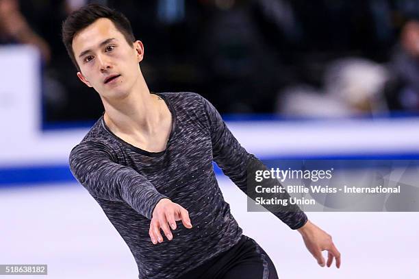 Patrick Chan of Canada competes during Day 5 of the ISU World Figure Skating Championships 2016 at TD Garden on April 1, 2016 in Boston,...