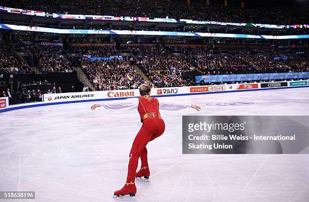 Michael Vrezina of the Czech Republic competes during Day 5 of the ISU World Figure Skating Championships 2016 at TD Garden on April 1, 2016 in...