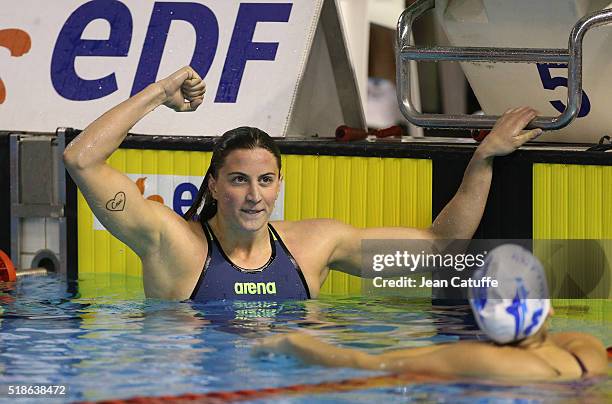 Charlotte Bonnet of France celebrates winning the women's 200m freestyle final and qualifies for the Olympic Games in Rio during day 4 of the French...