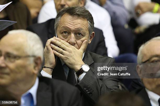 French Secretary of State for Sports Thierry Braillard attends day 4 of the French National Swimming Championships at Piscine Olympique d'Antigone on...