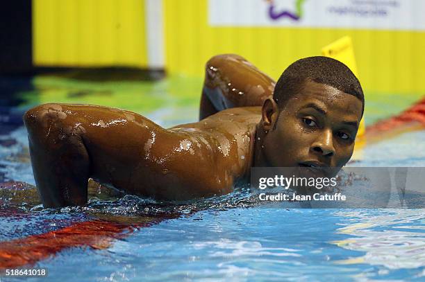 Mehdy Metella of France looks on following the men's 100m freestyle on day 4 of the French National Swimming Championships at Piscine Olympique...