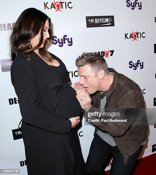 Actress Lauren Kitt Carter and singer Nick Carter on the red carpet the Premiere Of Syfy's "Dead 7" at Harmony Gold on April 1, 2016 in Los Angeles,...