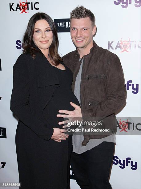 Actress Lauren Kitt Carter and singer Nick Carter on the red carpet for the Premiere of Syfy's "Dead 7" at Harmony Gold on April 1, 2016 in Los...