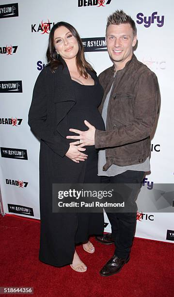 Actress Lauren Kitt Carter and singer Nick Carter on the red carpet for the Premiere of Syfy's "Dead 7" at Harmony Gold on April 1, 2016 in Los...