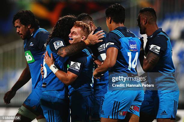 Ihaia West of the Blues celebrates after scoring a try during the round 6 super rugby match between the Blues and the Jaguares at QBE Stadium on...