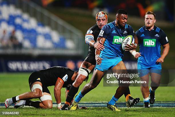 Lolagi Visinia of the Blues charges forward during the round 6 super rugby match between the Blues and the Jaguares at QBE Stadium on April 2, 2016...