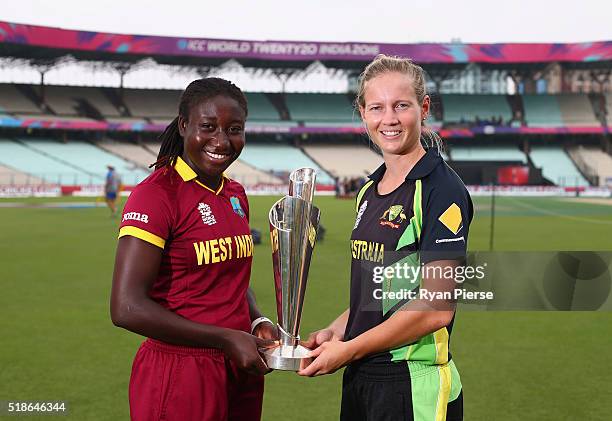 Stafanie Taylor, Captain of the West Indies and Meg Lanning, Captain of Australia pose with the Trophy during previews ahead of the Women's ICC World...