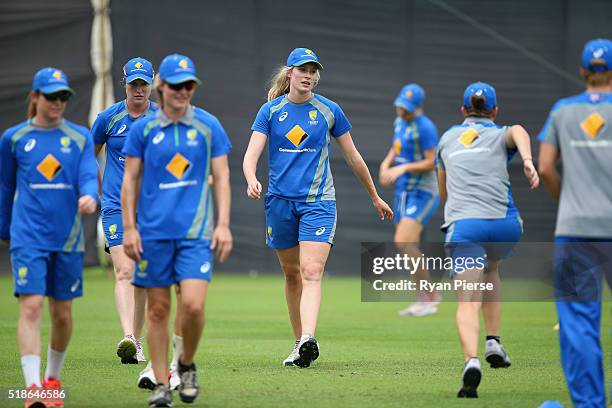 Holly Ferling of Australia trains during previews ahead of the Women's ICC World Twenty20 Indis Final between Australia and West Indies on April 2,...