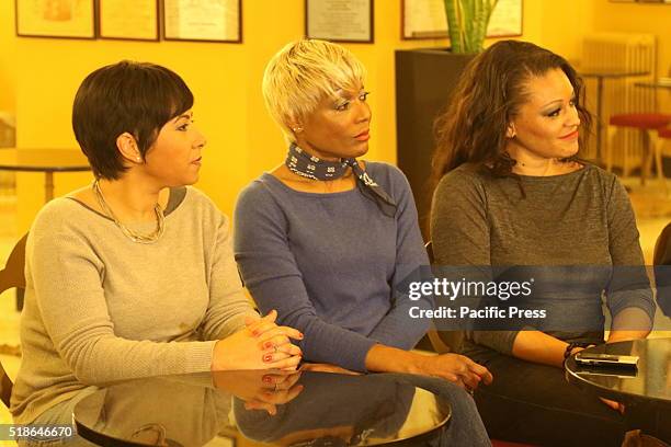 From Lucy Campety, Amii Stewart, Haicha Francesca Toure during the press conference in the foyer of the Teatro Augusteo in Napoli. The cast of the...