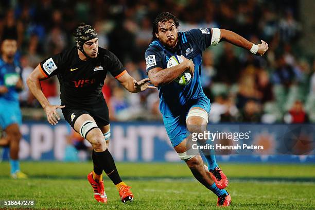 Steven Luatua of the Blues makes a break during the round 6 super rugby match between the Blues and the Jaguares at QBE Stadium on April 2, 2016 in...