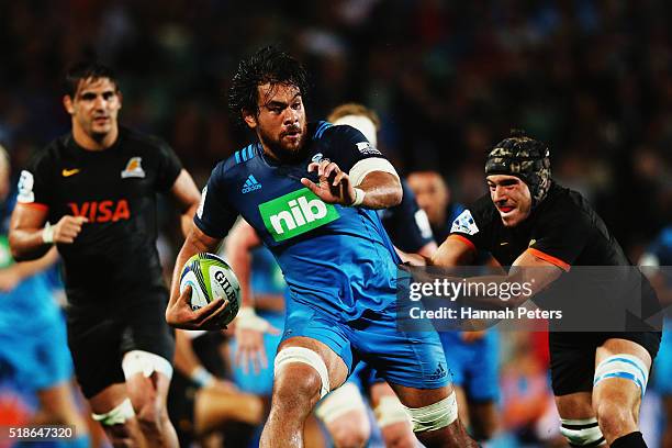 Steven Luatua of the Blues makes a break during the round 6 super rugby match between the Blues and the Jaguares at QBE Stadium on April 2, 2016 in...