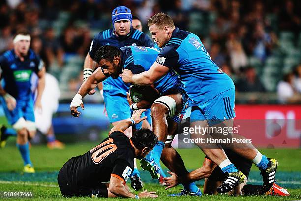 Patrick Tuipulo of the Blues charges forward during the round 6 super rugby match between the Blues and the Jaguares at QBE Stadium on April 2, 2016...