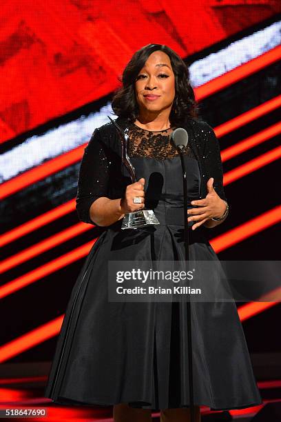 Shonda Rhimes receives the Shot Caller award during the Black Girls Rock! 2016 show at New Jersey Performing Arts Center on April 1, 2016 in Newark,...