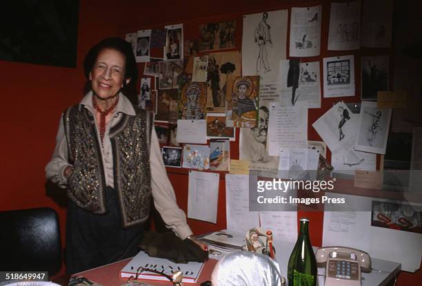 Fashion Editor Diana Vreeland photographed in her office at VOGUE Magazine circa 1980.