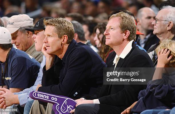 Steve Kerr and Vice Chairman Robert Sarver of the Phoenix Suns watch the game against the Minnesota Timberwolves on December 3, 2004 at America West...