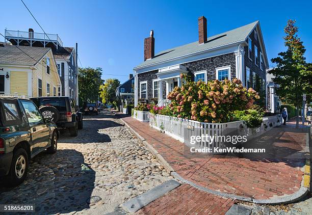 hydreangas on ash street - nantucket stock pictures, royalty-free photos & images