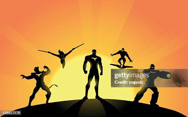 stockillustraties, clipart, cartoons en iconen met robotic superhero team silhouette - pakjesavond