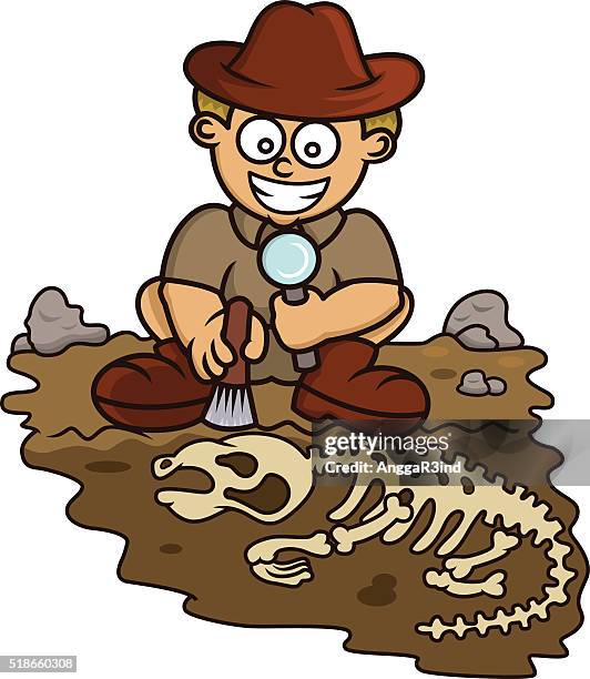 young archaeologist discovering fossil cartoon - primitivism stock illustrations