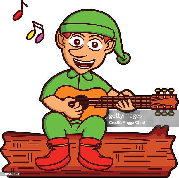 elf singing while playing guitar cartoon - fallen tree stock illustrations