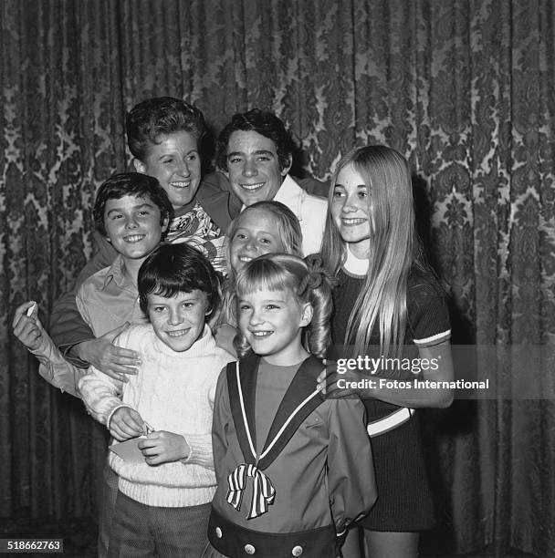 American actress Ann B. Davis with the child members of the cast of the US TV sitcom 'The Brady Bunch', 1970. Susan Olsen is at centre and the others...