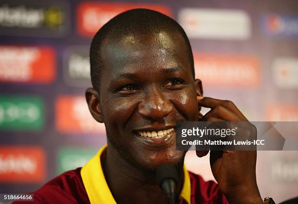 Darren Sammy, Captain of the West Indies pictured during a press conference ahead of the ICC World Twenty20 India 2016 Final at Eden Gardens on April...