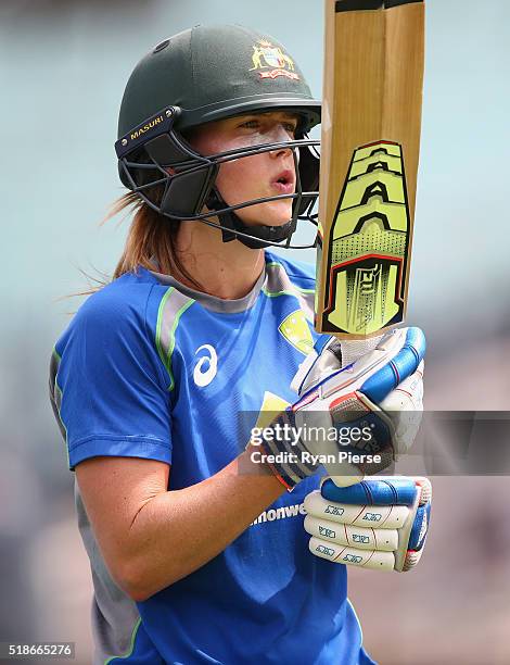 Ellyse Perry of Australia bats during previews ahead of the Women's ICC World Twenty20 Indis Final between Australia and West Indies on April 2, 2016...