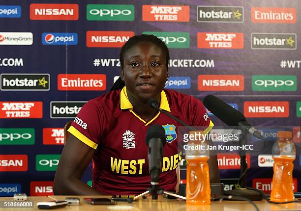 Stafanie Taylor, Captain of the West Indies answers questions from the media during a Captain's Photocall ahead of the Womens ICC World Twenty20...