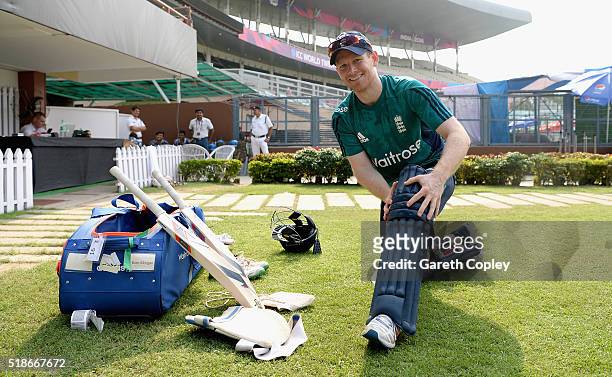 England captain Eoin Morgan prepares to bat during a nets session ahead of tomorrrow's ICC World Twenty20 India 2016 Final between England and West...