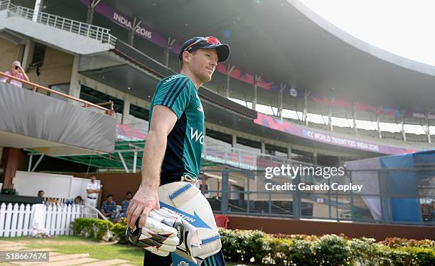 England captain Eoin Morgan prepares to bat during a nets session ahead of tomorrrow's ICC World Twenty20 India 2016 Final between England and West...