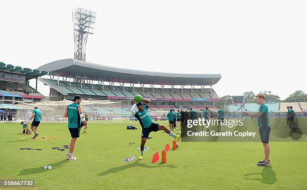 Chris Jordan of England warms up for a nets session ahead of tomorrrow's ICC World Twenty20 India 2016 Final between England and West Indies at Eden...