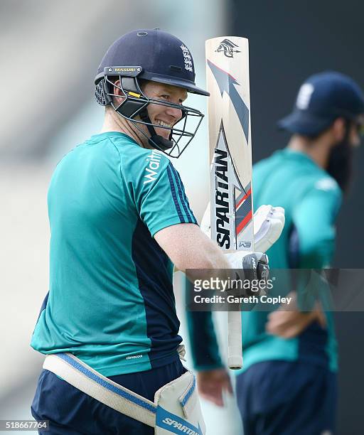 England captain Eoin Morgan prepares to bat during a nets session ahead of tomorrrow's ICC World Twenty20 India 2016 Final between England and West...