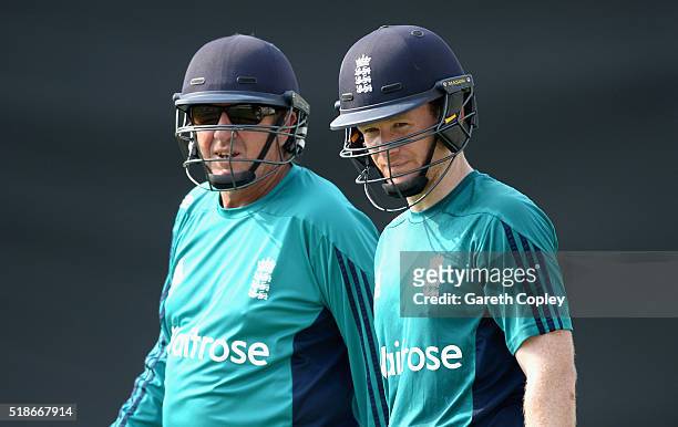 England captain Eoin Morgan speaks with coach Trevor Bayliss during a nets session ahead of tomorrrow's ICC World Twenty20 India 2016 Final between...