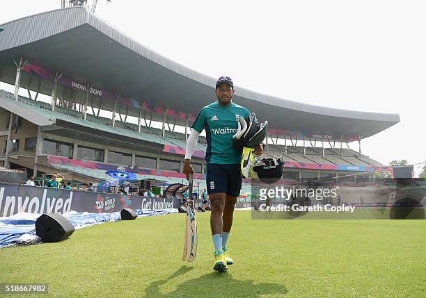 Chris Jordan of England arrives for a nets session ahead of tomorrrow's ICC World Twenty20 India 2016 Final between England and West Indies at Eden...