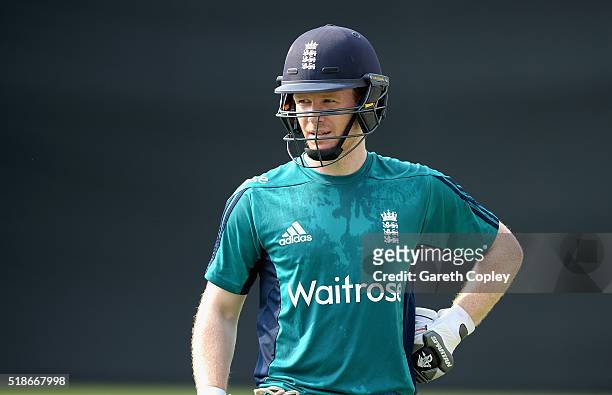 England captain Eoin Morgan waits to bat during a nets session ahead of tomorrrow's ICC World Twenty20 India 2016 Final between England and West...