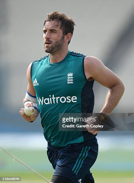 Liam Plunkett of England runs into bowl during a nets session ahead of tomorrrow's ICC World Twenty20 India 2016 Final between England and West...