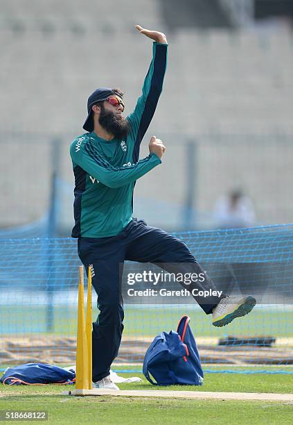 Moeen Ali of England bowls during a nets session ahead of tomorrrow's ICC World Twenty20 India 2016 Final between England and West Indies at Eden...