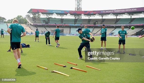 England captain Eoin Morgan warms for a nets session ahead of tomorrrow's ICC World Twenty20 India 2016 Final between England and West Indies at Eden...