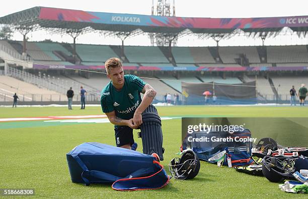Jason Roy of England pads up during a nets session ahead of tomorrrow's ICC World Twenty20 India 2016 Final between England and West Indies at Eden...