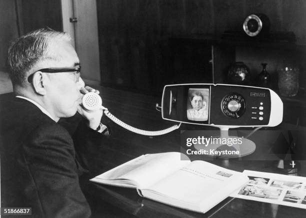 The Toshiba company's new videophone, the Model 500 View Phone, being tested at the company's Tokyo headquarters, 6th May 1968.