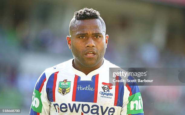 Akuila Uate of the Knights looks on during the round five NRL match between the Melbourne Storm and the Newcastle Knights at AAMI Park on April 2,...