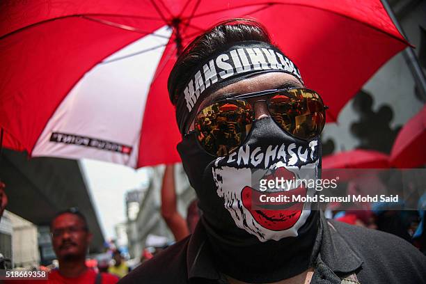 Man wears a mask during a rally against Prime Minister Najib Razak and GST at Independent Square on April 2, 2016 in Kuala Lumpur, Malaysia. Almost...