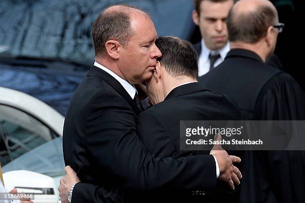 Michael Mronz mourns for his husband and late German politician Guido Westerwelle at the Sankt Aposteln Kirche church on April 2, 2016 in Cologne,...
